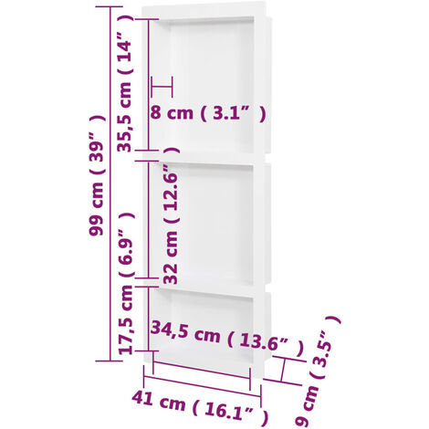 Shower Niche with 3 Compartments High Gloss White 41x99x9 cm vidaXL