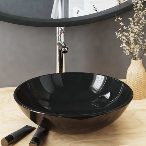 Bathroom Sink with Tap and Push Drain Black Tempered Glass vidaXL