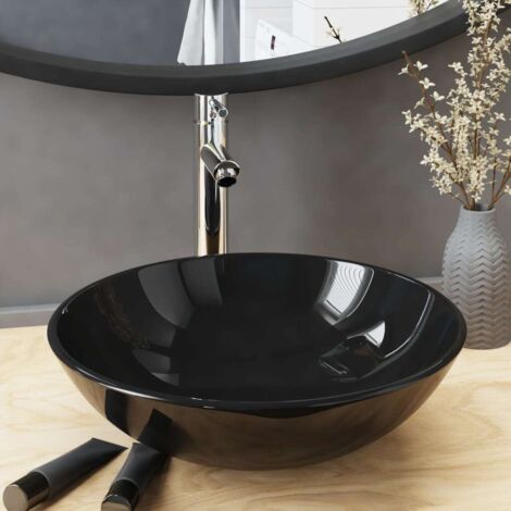 Bathroom Sink with Tap and Push Drain Black Tempered Glass vidaXL