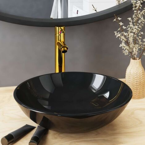 Bathroom Sink with Tap and Push Drain Black Tempered Glass vidaXL