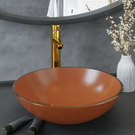 Bathroom Sink with Tap and Push Drain Brown Tempered Glass vidaXL