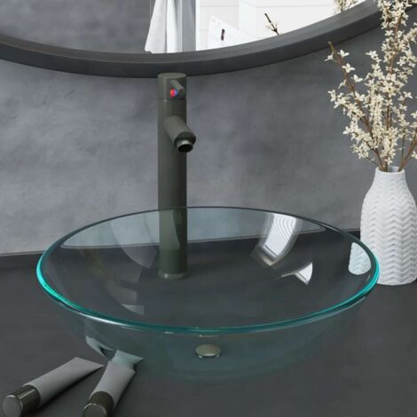 Bathroom Sink with Tap and Push Drain Clear Tempered Glass vidaXL