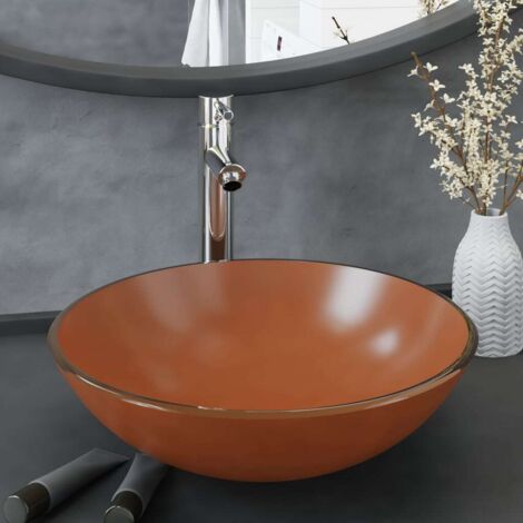Bathroom Sink with Tap and Push Drain Brown Tempered Glass vidaXL