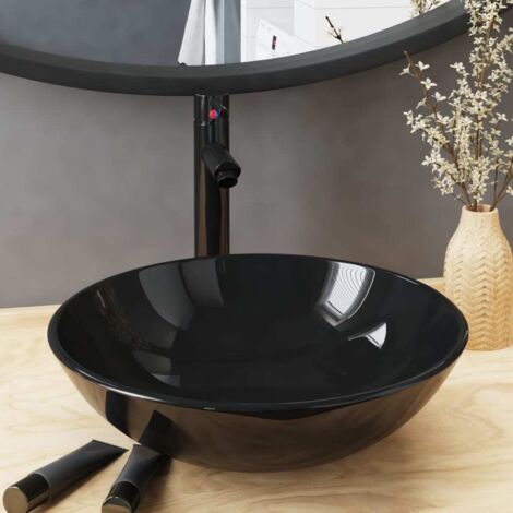 Bathroom Sink with Tap and Push Drain Black Tempered Glass vidaXL