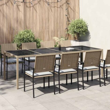 Garden Table Beige 250x100x75 cm Tempered Glass and Poly Rattan vidaXL