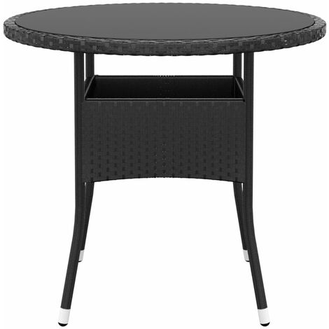 Garden Table Ø80x75 cm Tempered Glass and Poly Rattan Black vidaXL
