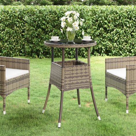 Garden Table Ø60x75 cm Tempered Glass and Poly Rattan Grey vidaXL