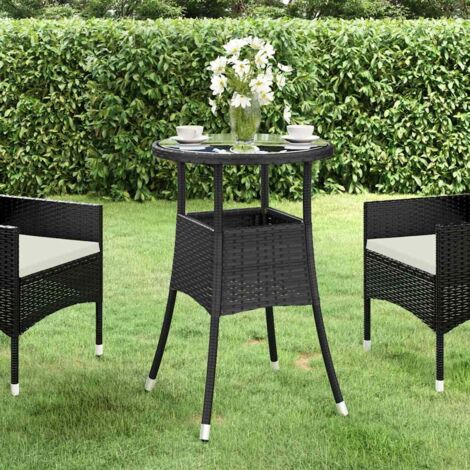Garden Table Ø60x75 cm Tempered Glass and Poly Rattan Black vidaXL