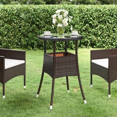 Garden Table Ø60x75 cm Tempered Glass and Poly Rattan Brown vidaXL