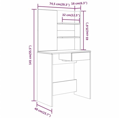 Dressing Table with Mirror High Gloss White 74.5x40x141 cm vidaXL