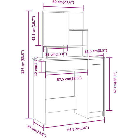 Dressing Table Set Smoked Oak 86.5x35x136 cm vidaXL