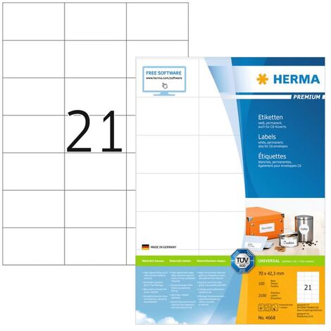 Permanent Labels PREMIUM A4 70x42.3 mm 100 Sheets HERMA