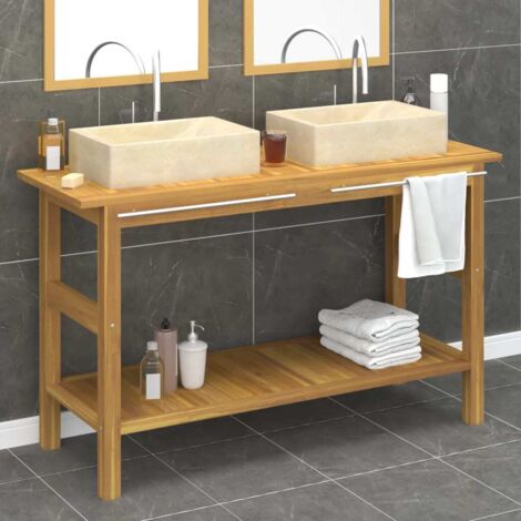 Bathroom Vanity Cabinet with Cream Marble Sinks Solid Wood Teak vidaXL