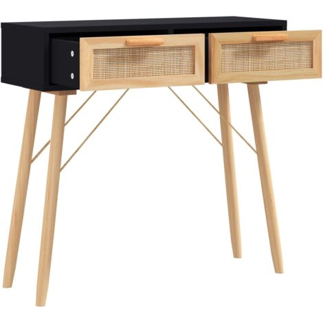 Console Table Black 80x30x75 cm Solid Wood Pine&Natural Rattan vidaXL