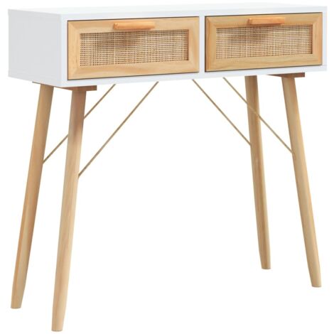 Console Table White 80x30x75 cm Solid Wood Pine&Natural Rattan vidaXL