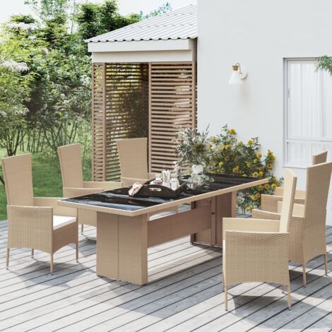Garden Table with Glass Top Beige Poly Rattan&Tempered Glass vidaXL
