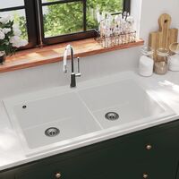 Overmount Kitchen Sink Double Basin Granite Cream White - White