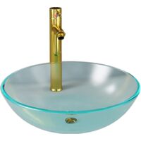 vidaXL Bathroom Sink with Tap and Push Drain Frosted Tempered Glass - Gold