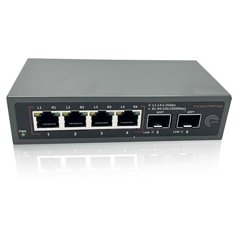 Elfcam® - 10Gb Commutateur Switch Fibre Optique Compatible avec Freebox Ultra et Orange Livebox 6, avec 2 Ports 10G SFP+ et 4 Ports 2,5 Gigabit Ethernet RJ45, Rallonge Votre Réseau 10Go