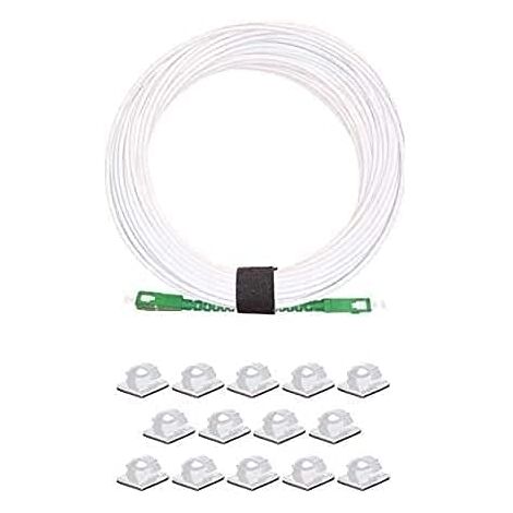Elfcam® - Cable a Fibre Optique SC/APC a SC/APC Monomode avec 25 Pieces Clips de Cable Adhesif, Jarretiere Optique Compatible avec Orange Livebox, SFR La Box Fibre et Bouygues Telecom Bbox (25M)