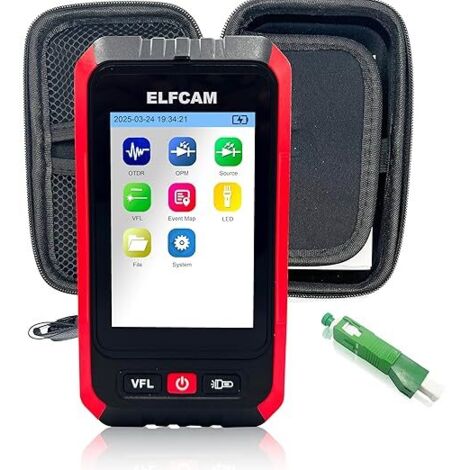 Elfcam – Mini OTDR monomode 1310nm/1550nm 22dB/20dB jusqu’à 60km – Photomètre OPM et VFL – Écran tactile 3,5 pouces – Adaptateurs SC/APC vers LC/APC