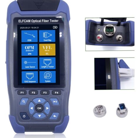 Elfcam – OTDR portable 4 en 1 pour FTTH – 1310nm / 1550nm, 24dB / 22dB – Portée jusqu'à 60 km – Connecteur SC/APC – Écran couleur 3,5 pouces