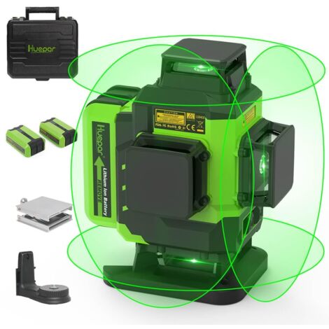 Huepar 4x360 Kreuzlinienlaser Selbstnivellierend 16 Linien Grüner Strahl 4D Linienlaser Fliesenboden Laserwerkzeug-2 x 360 Horizontale & 2 x 360 Vertikale Laserlinien mit zwei Li-Ionen-Akkus LS04CG