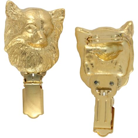 Langhaar-Chihuahua I - Brosche mit Clip, vergoldeter Startnummernträger, edles Badge für eine Hundeausstellung von Art-Dog
