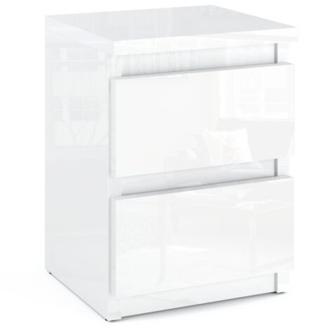 Nachttisch, komplett weiß Hochglanz, 30 cm, 2 Schubladen, Schlafzimmermöbel