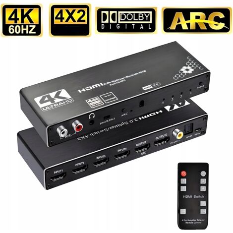 SPLITTER-SCHALTER HDMI 2.0 4x2-SCHALTER 4 EINGÄNGE 2 AUSGÄNGE ARC CINCH OPTISCH