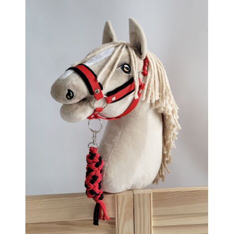 Hobby Horse Set: A3 Halfter mit schwarzem Fell + Seilleine - Schwarz und Rot