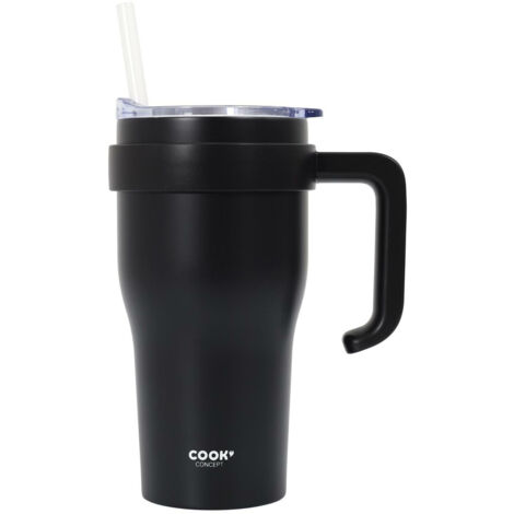 Miami Thermobecher 600 ml schwarz mit Henkel und Strohhalm (1/5)