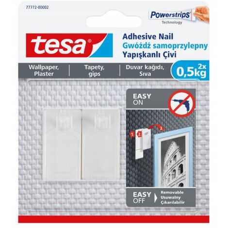 TESA Selbstklebende Aufhängenägel, verstellbar bis 0,5 kg, für Tapeten und Putz, 2 Stück (1/5)