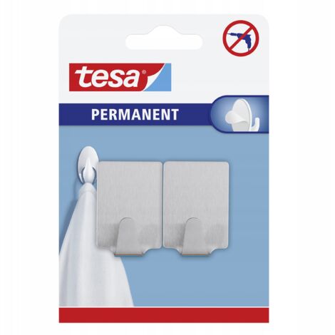 TESA Haken, selbstklebende Kleiderbügel, rechteckig, Metall, groß, silber, 2 Stück. (1/4)