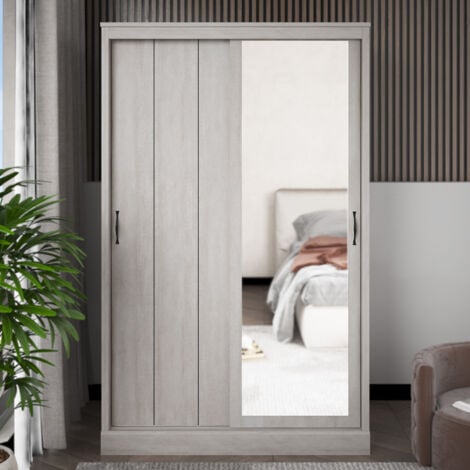 Armoire coulissante 2 portes avec miroir GALANO Bristol , 113cm W X 58.6cm D X 180.3cm H - Couleur Chêne Gris Poussiéreux