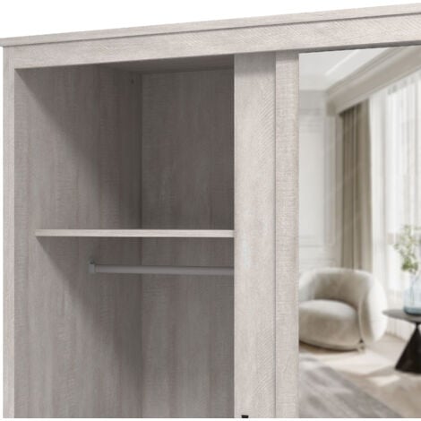 Armoire coulissante 2 portes avec miroir GALANO Bristol , 113cm W X 58.6cm D X 180.3cm H - Couleur Chêne Gris Poussiéreux