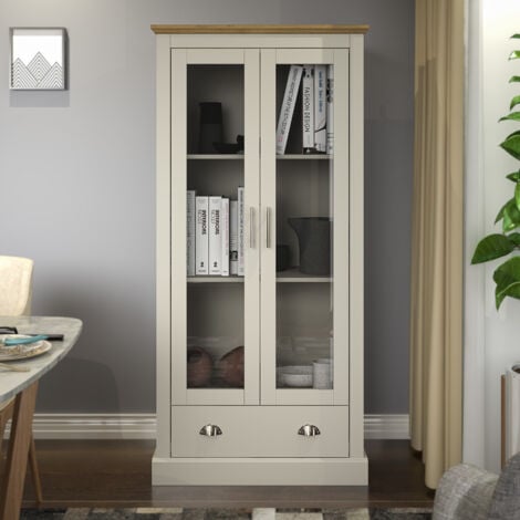 Meuble Vitrine avec 2 portes 1 tiroir GALANO Sufy, 79cm W X 39.8cm D X 166.5cm H, Style Moderne, Couleur Gris Claire