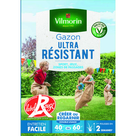 Gazon ultra résistant 1 kg – Mélange de ray-grass et pâturin – Résistant aux piétinements et rayons UV – Pour terrains de sport et jeux – Vilmorin