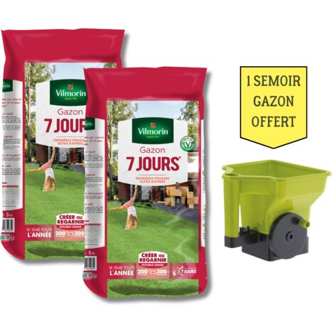 Gazon 7 jours 5 kg (x2) – Semoir à gazon inclus pour répartition précise – Pousses rapides en quelques jours – Vilmorin