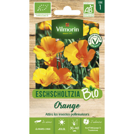 Eschscholtzia Orange BIO – Fleur annuelle à croissance rapide – Semis en pleine terre à exposition ensoleillée – Fleurs colorées attirant pollinisateurs – Vilmorin