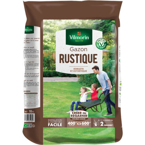 Gazon rustique 10 kg – Taux de germination supérieur à 10% – Surface couverte jusqu'à 600 m² – Pour tous types de terrains – Vilmorin