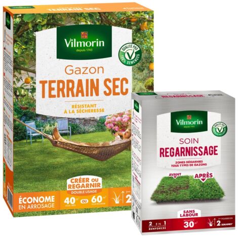 Gazon Terrain Sec - 1 kg + Soin Regarnissage Universel 2 en 1 - 500 g Vilmorin (1/3)