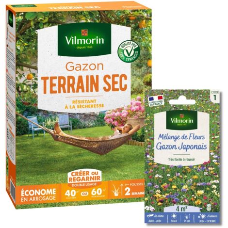 Gazon Terrain Sec - 1 kg + Gazon Japonais - 4 m² - Mélange de fleurs Vilmorin