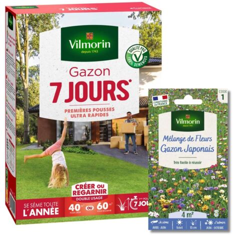 Gazon 7 jours - 1 kg + Gazon Japonais - 4 m² - Mélange de fleurs Vilmorin