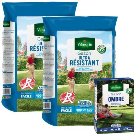 Gazon Ultra Résistant - Label Rouge - 10 kg (x2) + Gazon Ombre - 250 g Offert Vilmorin (1/3)