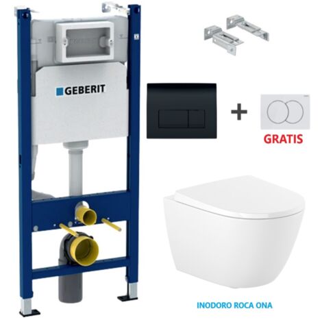 Pack Bati-support GEBERIT Duofix – réservoir encastré, plaque DELTA 50 noir et WC suspendu Rim-Ex ROCA Ona blanc (1/5)