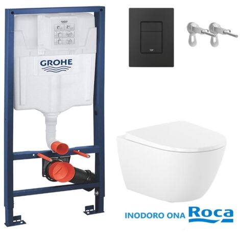 Pack Bati-support GROHE – réservoir encastré, plaque noir mat et WC suspendu Roca Ona blanc 48 cm (1/4)
