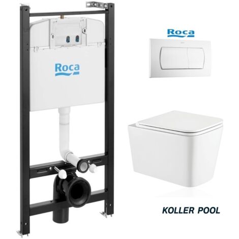Pack Bati-support ROCA – réservoir encastré, plaque blanc brillant et WC suspendu Trend Vortex Tornado 3 système Koller Pool
