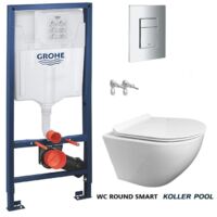 Pack réservoir Encastrable Bati-Support GROHE et plaque chrome brillant avec WC suspendu ROUND blanc 49 Abattant fin