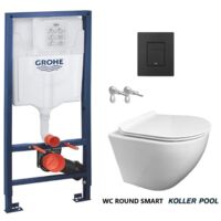 Pack réservoir encastrable GROHE Bati-Support et plaque noir mat avec WC suspendu ROUND blanc 49 Abattant fin